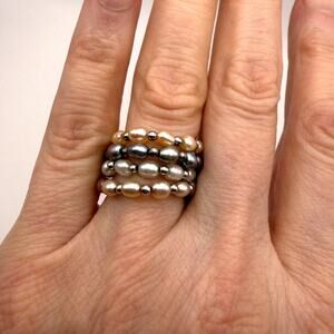 Set of 4 Freshwater Pearl and 925 Sterling Silver Stacking Rings Stretch Multi